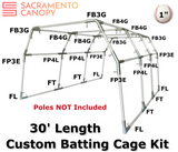 30' Length, DIY custom backyard batting cage frame kit, 1" metal EMT canopy fittings for electrical conduit poles, Sacramento canopy