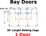 30' Length, DIY custom backyard batting cage frame kit, Bay Door Option, one door, 1" metal EMT canopy fittings for electrical conduit poles, Sacramento canopy