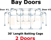 30' Length, DIY custom backyard batting cage frame kit, Bay Door Option, two doors, 1" metal EMT canopy fittings for electrical conduit poles, Sacramento canopy