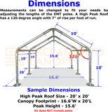 dimensions 20 x 20 high peak metal DIY canopy carport frame parts fittings EMT conduit Sacramento canopy 1.5" inch emt conduit fittings