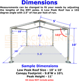 dimensions low peak metal DIY canopy carport frame parts fittings EMT conduit Sacramento canopy 10' x 10' low peak 1" inch emt conduit fittings