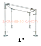 Metal canopy frame with 'Sacramento Canopy' branding on a white background